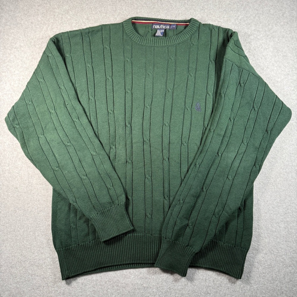 Nautica Sweater Men's Large Green Cotton Cable Knit Pullover‎ Classic Logo